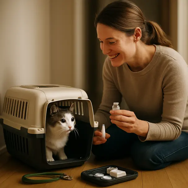 Pet carer preparing medication next to white-and-gray cat peeking from carrier in a softly lit hallway