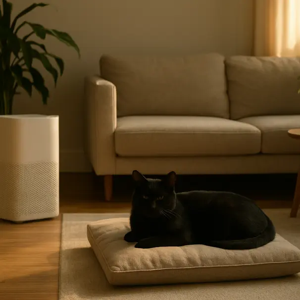 Black cat resting on cushion near air purifier in a tidy living room with soft afternoon light