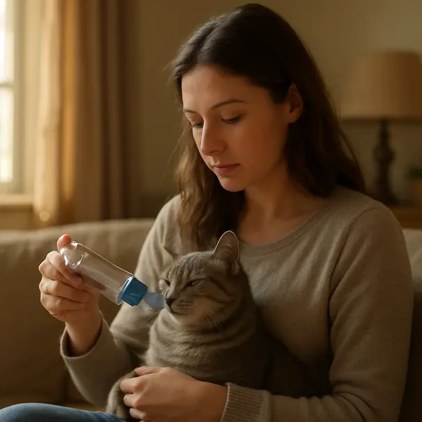 Owner sitting on couch with gray tabby cat using inhaler and spacer in a sunlit living room
