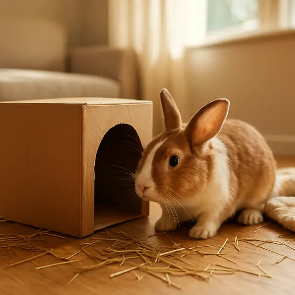 A brown and white rabbit exploring a cardboard tunnel in a bright living room with hay and fleece nearby