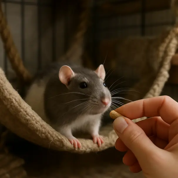 Pet rat resting on a hammock in an enclosure while a caretaker offers a small treat with ropes and fleece visible