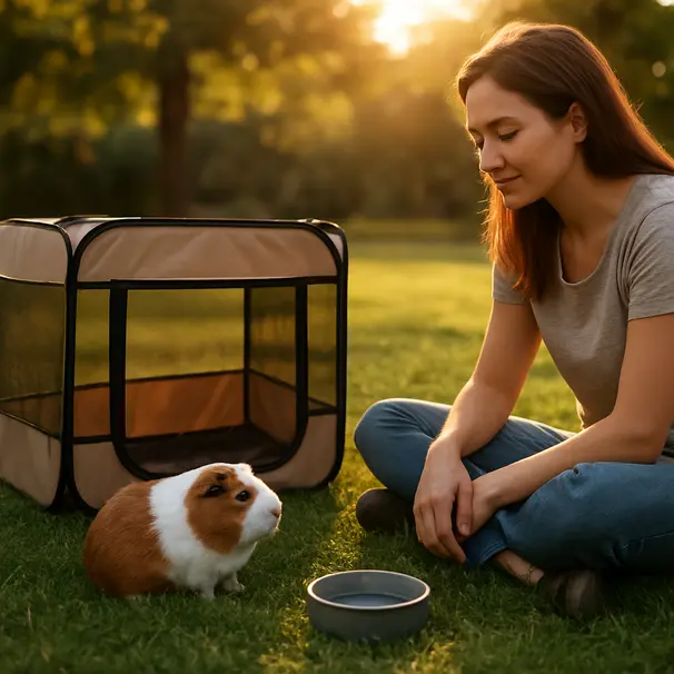 Guinea pig in a pop-up playpen outdoors on grass with a carer sitting nearby during golden hour
