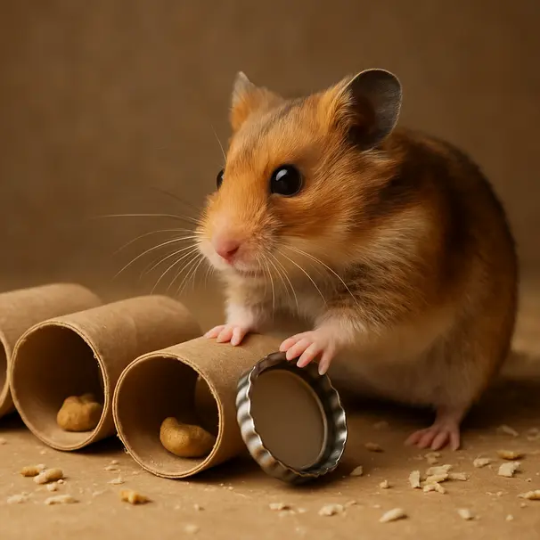 Hamster using a homemade treat puzzle made from cardboard tubes and bottle caps on a table with bedding nearby