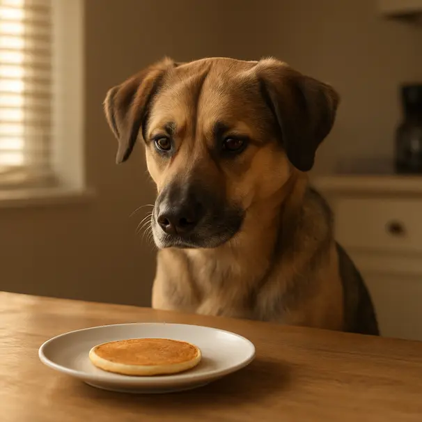 Medium mixed-breed dog indoors by a kitchen table sniffing a plain pancake on a plate, morning light, close-up
