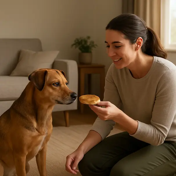 Pet carer in living room offering a banana oat pancake to a medium-sized dog, soft window light, friendly interaction