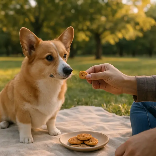 Small corgi outdoors on a picnic blanket receiving a tiny piece of oat pancake from a person, park background, warm late-afternoon light