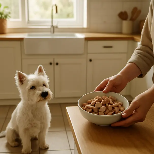 Small white terrier sitting politely in a kitchen while owner places a bowl of plain cooked pork cubes on a counter in soft morning light