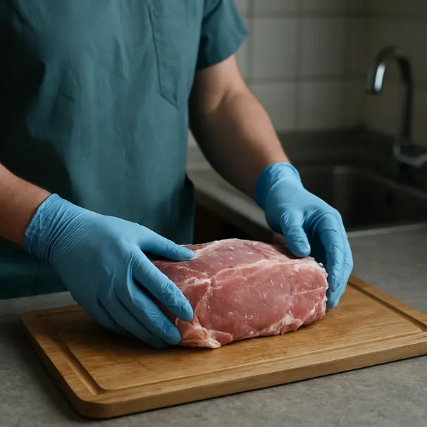 Pet carer wearing gloves handling raw pork on a wooden cutting board near a stainless steel sink, emphasizing safe food handling