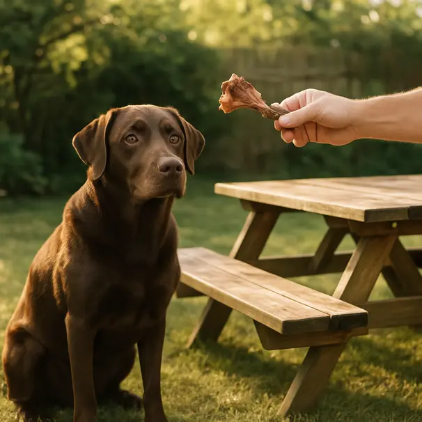 Brown labrador sitting in a sunny backyard as owner reaches to remove a cooked pork bone from the dog’s reach, showing a safety interaction
