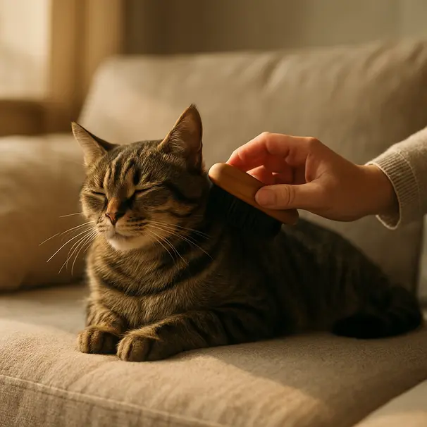 Chat tigré brossé doucement sur un canapé lumineux par son propriétaire dans un salon chaleureux