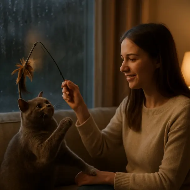 Gardien jouant avec un chat près d'une fenêtre sous la pluie, jouet à plume, ambiance chaleureuse en soirée