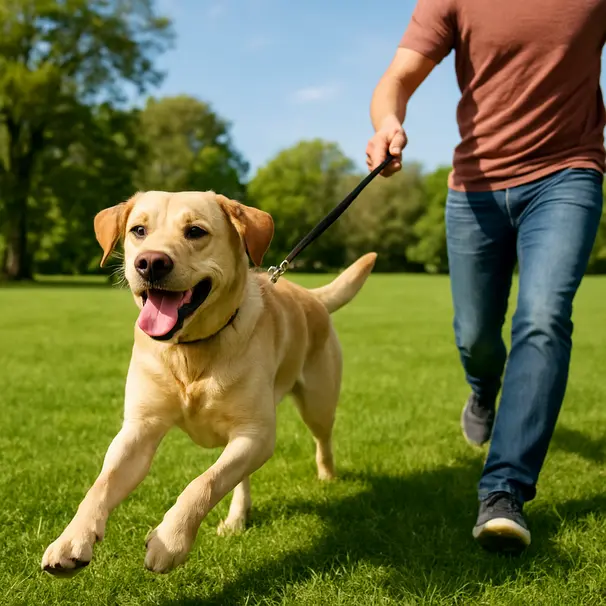 Labrador joueur en laisse courant dans un parc vert sous un ciel bleu pendant une promenade énergique