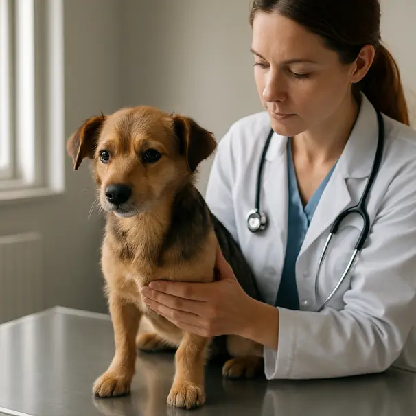 Petit chien sur une table d'examen vétérinaire pendant qu'un vétérinaire l'examine dans une clinique moderne