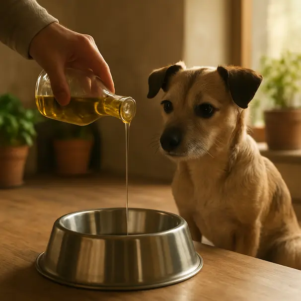Owner pouring extra virgin olive oil into a dog bowl in a sunny kitchen while a small mixed-breed dog watches closely.