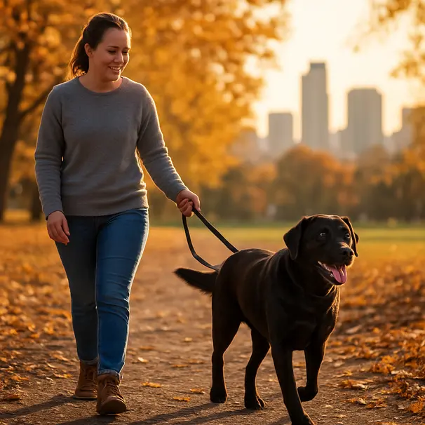 Pet carer walking a Labrador in a park at sunset, the dog's shiny coat highlighted by warm light.