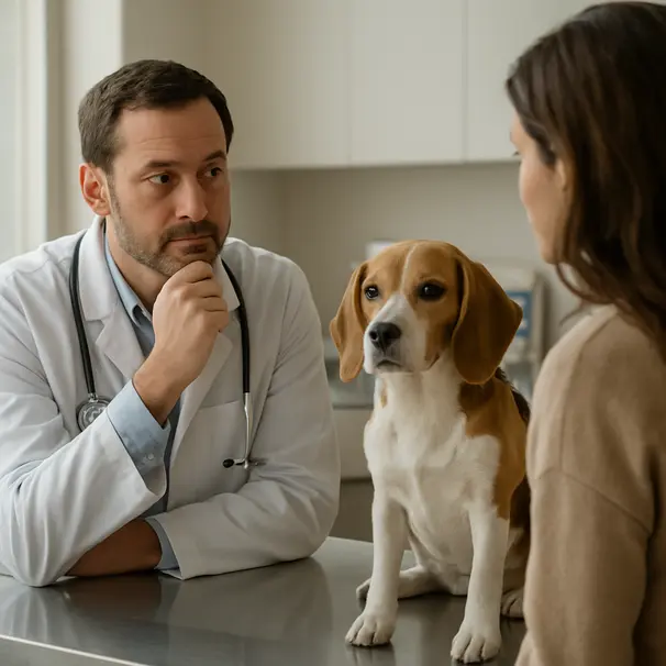 Veterinarian discussing supplement use with an owner in a clinic while a beagle sits calmly on the exam table and a jar of olive oil is visible on the counter.