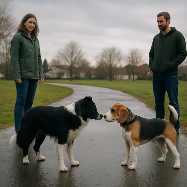 Border collie and beagle sniffing each other in a wet neighborhood park, owners nearby and overcast sky