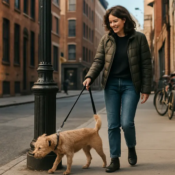Small terrier sniffing a lamppost on a city sidewalk, carer holding leash and urban background with bikes and bricks