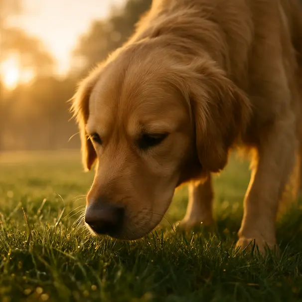 Golden retriever sniffing dew-covered grass in a sunrise park, low-angle close-up showing nose and warm light