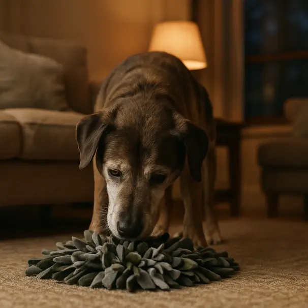 Senior mixed-breed dog searching a snuffle mat in a cozy living room with warm lamp light and cushions