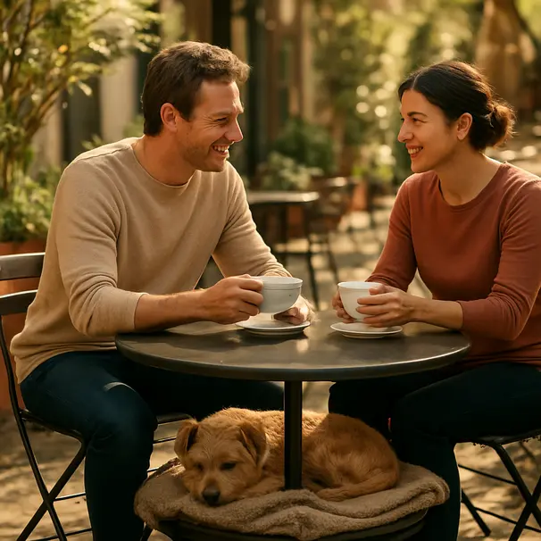Small terrier lying on a blanket under a cafe table with owner and pet carer talking at the table, plants and chairs visible