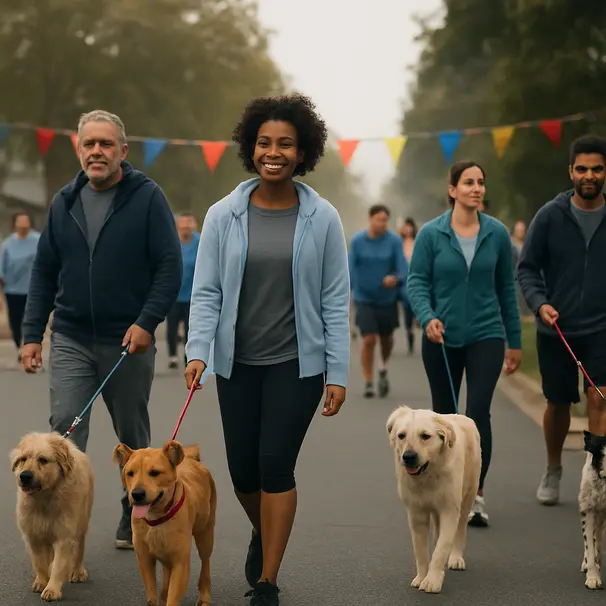Group of volunteers with various dog breeds walking on a neighborhood street for a charity event, banners and volunteers visible