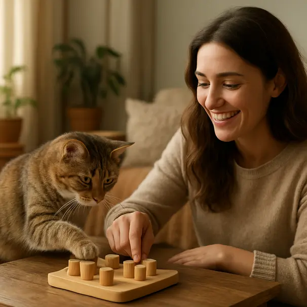 Pet carer and owner inside a living room, a cat exploring a scent puzzle on a table while sunlight filters through a window
