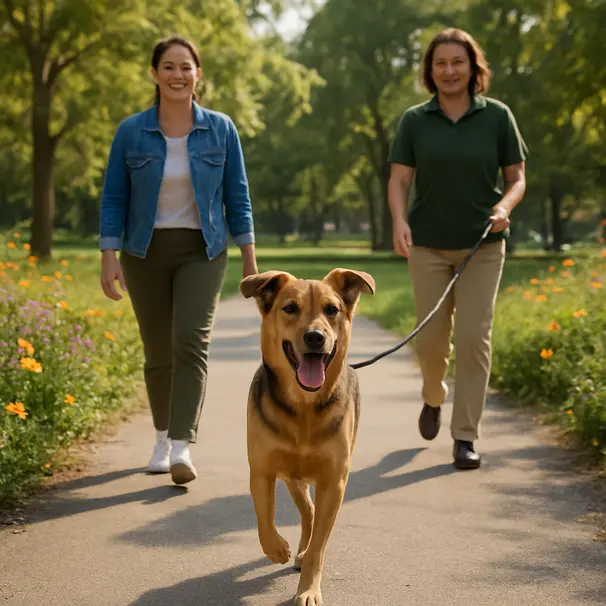 Owner and pet carer walking a mixed-breed dog on a sunny park path, dog running slightly ahead, trees and flowers in the background