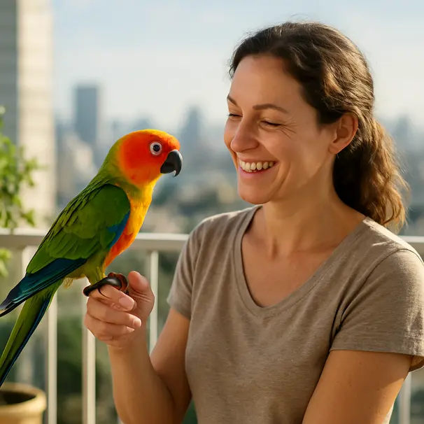Perroquet coloré perché sur la main d'un carer sur un balcon au matin, interaction ludique et ciel urbain en arrière-plan.