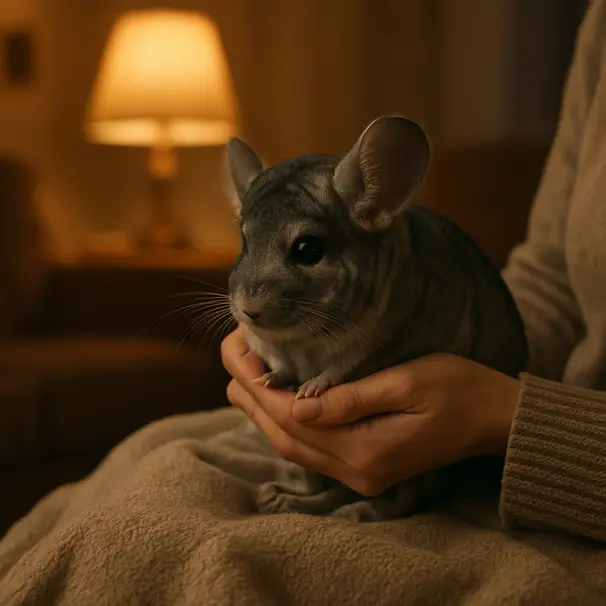 Chinchilla tenu doucement par un pet sitter sur une couverture, lumière chaude d'intérieur, moment calme et affectueux.