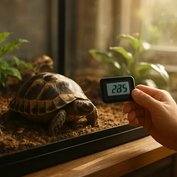 Tortue dans un terrarium intérieur avec propriétaire vérifiant un thermomètre, lumière naturelle, plantes et équipements visibles.
