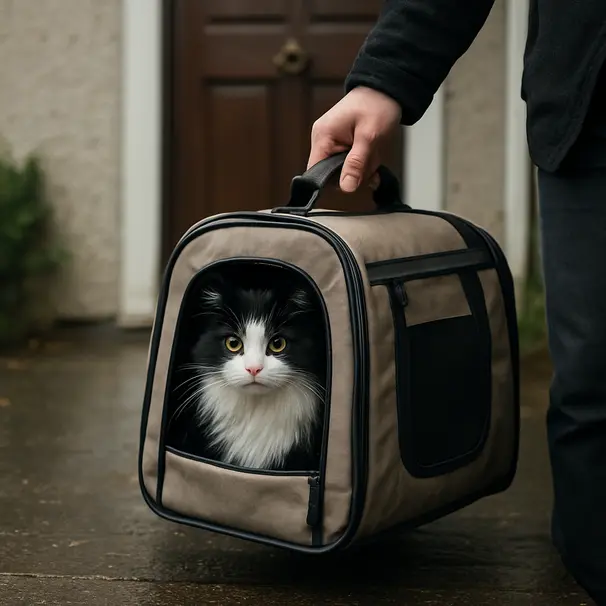 Pet carer holding an open carrier with a black and white cat peeking out on a wet morning doorstep