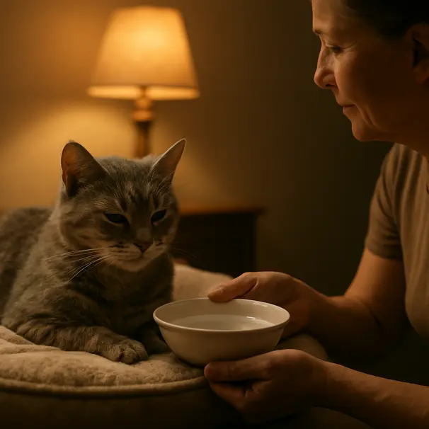 Senior gray tabby cat resting on a cushion while a pet carer offers water in a softly lit room