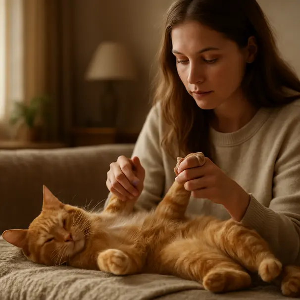 Owner gently examining a ginger tabby cat’s belly on a blanket in a sunlit living room