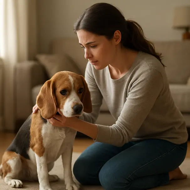 Young woman kneeling beside a beagle in a living room, observing the dog's body language, soft window light and cozy home surroundings