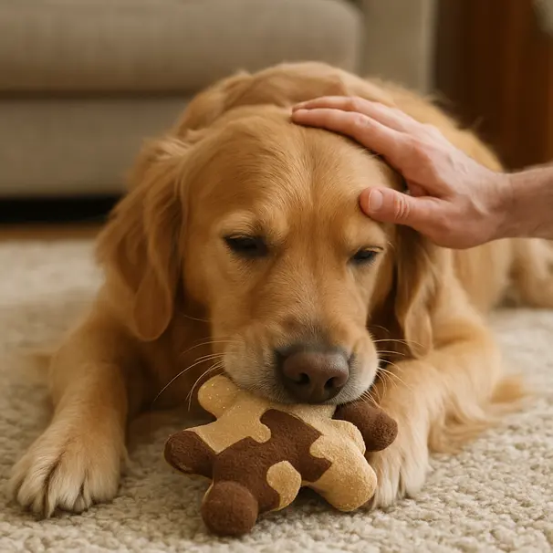 Golden retriever on a rug chewing a puzzle toy while being gently stroked, peaceful indoor setting with warm light