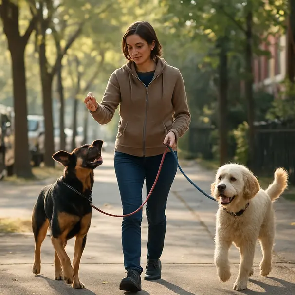 Pet carer walking two different-breed dogs on a tree-lined street in the morning, one dog responding to a clicker treat, calm training-focused walk