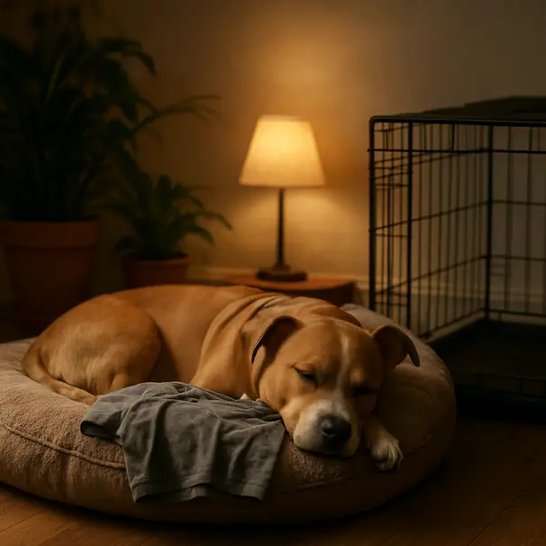 Cozy dog den with plush bed, owner's T-shirt, soft lamp light and an open crate in a peaceful corner of a home