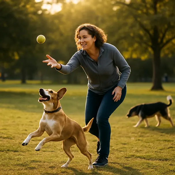 Pet carer spielt im Park mit einem Hund beim Apportieren, ein anderer Hund erkundet Gras, spätnachmittägliches Licht.