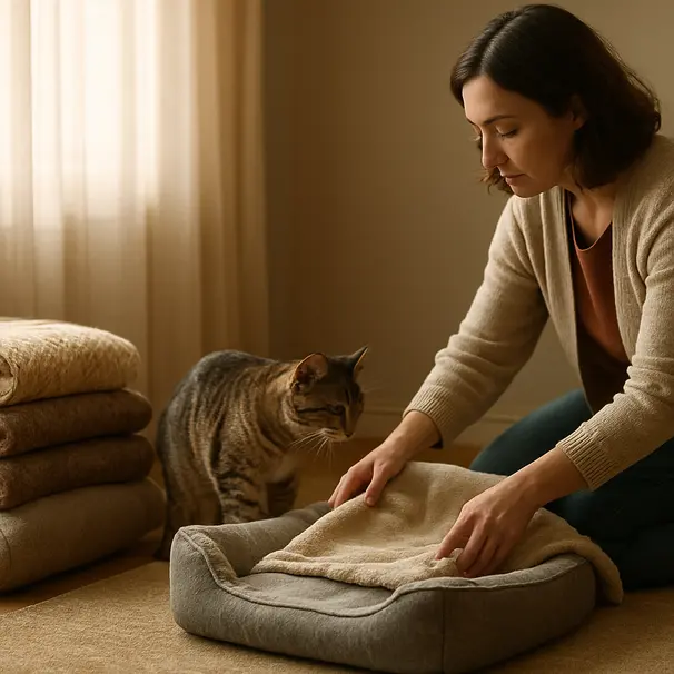 Pet carer richtet eine gemütliche Rückzugsecke mit Decken ein, eine Katze erkundet die neue Einrichtung, Indoor-Szene.
