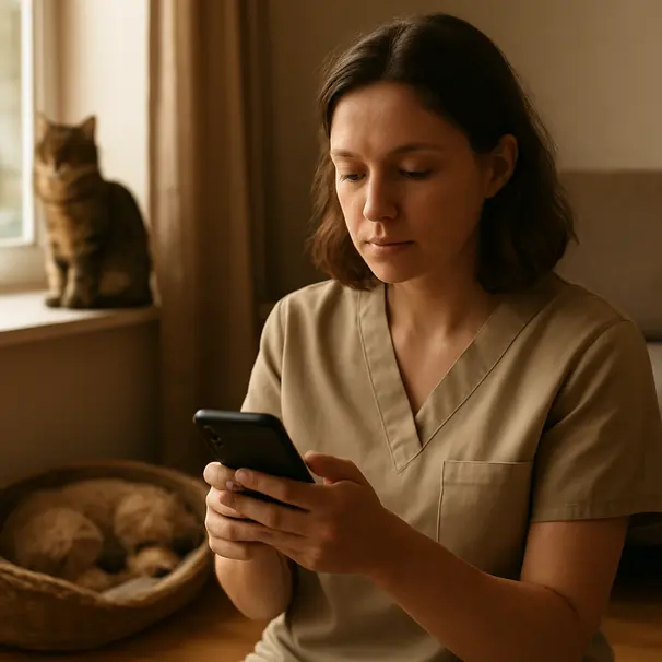 Carer macht mit dem Smartphone Bericht, Katze auf Fensterbank, Hund im Körbchen, gemütliche Abendstimmung.