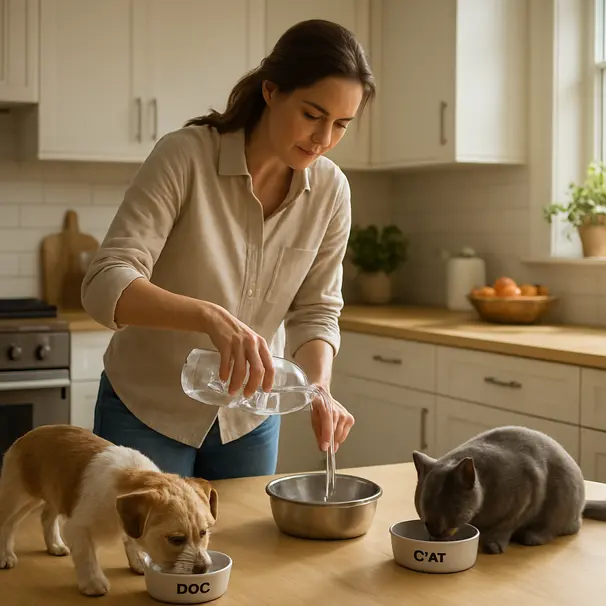 Küche mit beschrifteten Futternäpfen, Hund und Katze fressen, Carer füllt Wasser nach, helle Tageslichtstimmung.