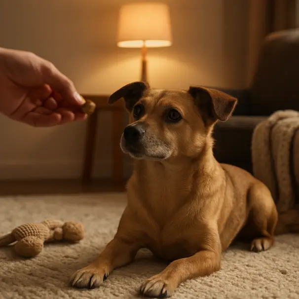 Rescue dog on a rug focusing on a carer offering a treat, with a toy and blanket nearby in a warm home setting.