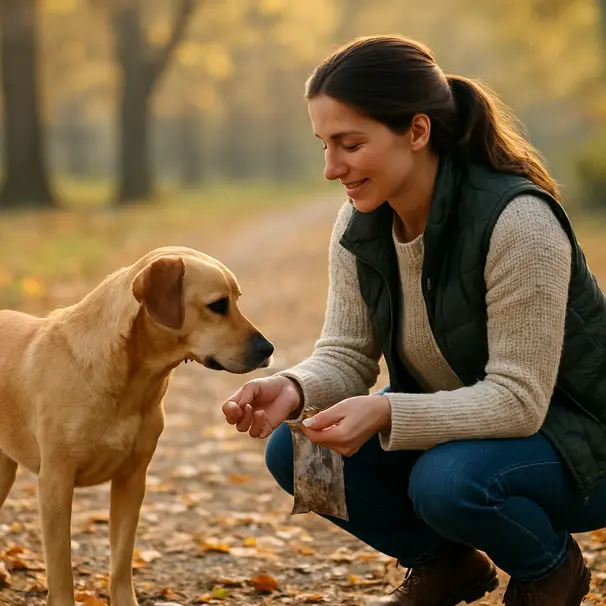 Pet carer crouching and offering treats to a cautious labrador mix in a quiet park with autumn leaves.