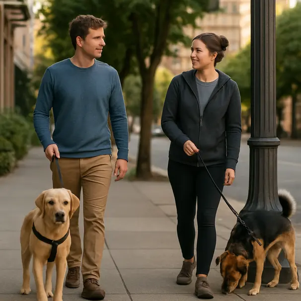 Two pet carers walking different-breed dogs calmly on a city sidewalk, coordinating and communicating while dogs explore.