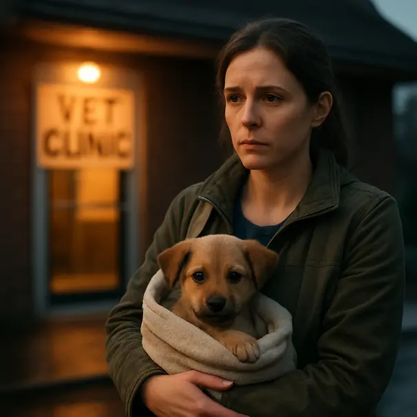 Small mixed-breed puppy in a carrier being carried to a vet clinic entrance at dusk, owner concerned.