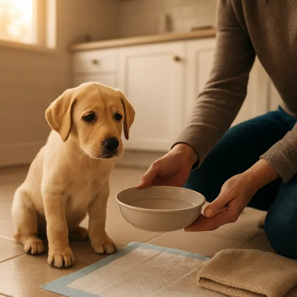 Small Labrador puppy in a cozy kitchen with owner offering water, pee pads and towel visible.
