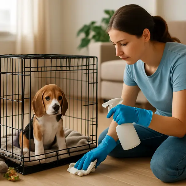 Beagle puppy in living room while a pet carer wearing gloves cleans a crate with pet-safe cleaner.