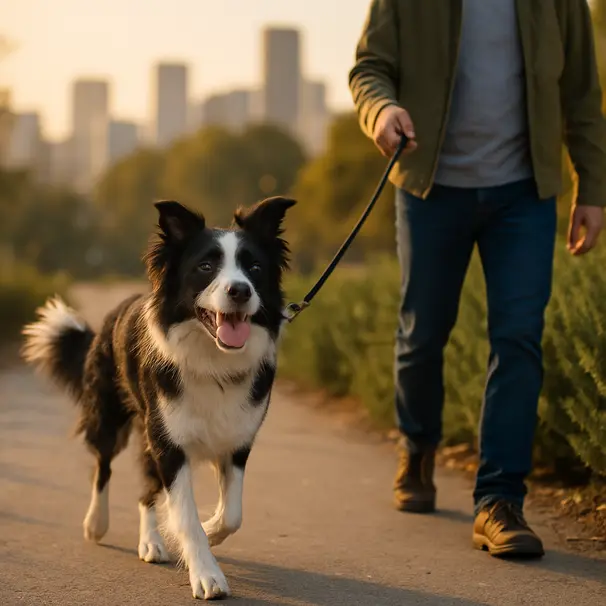 Border collie being walked along a city park path lined with rosemary hedges, dog walker holding leash, evening light