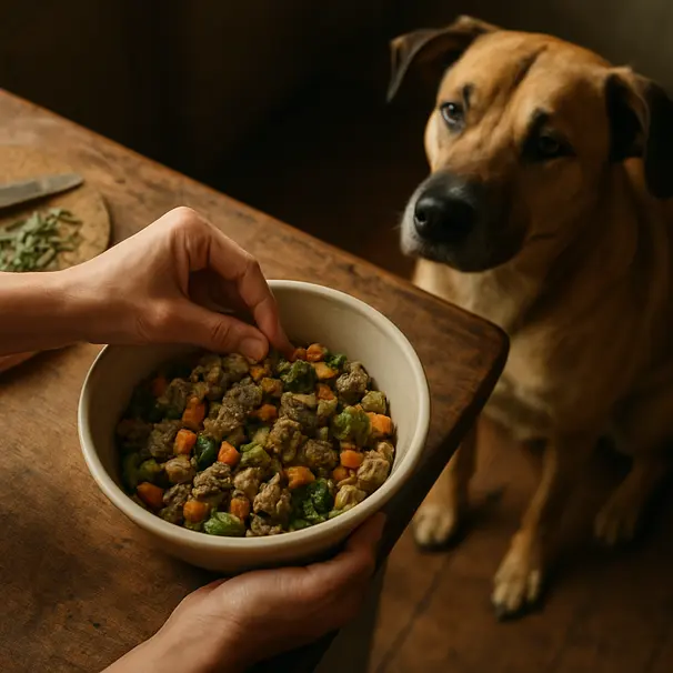 Hands sprinkling small amount of rosemary into dog food bowl, large mixed-breed dog sitting patiently in kitchen